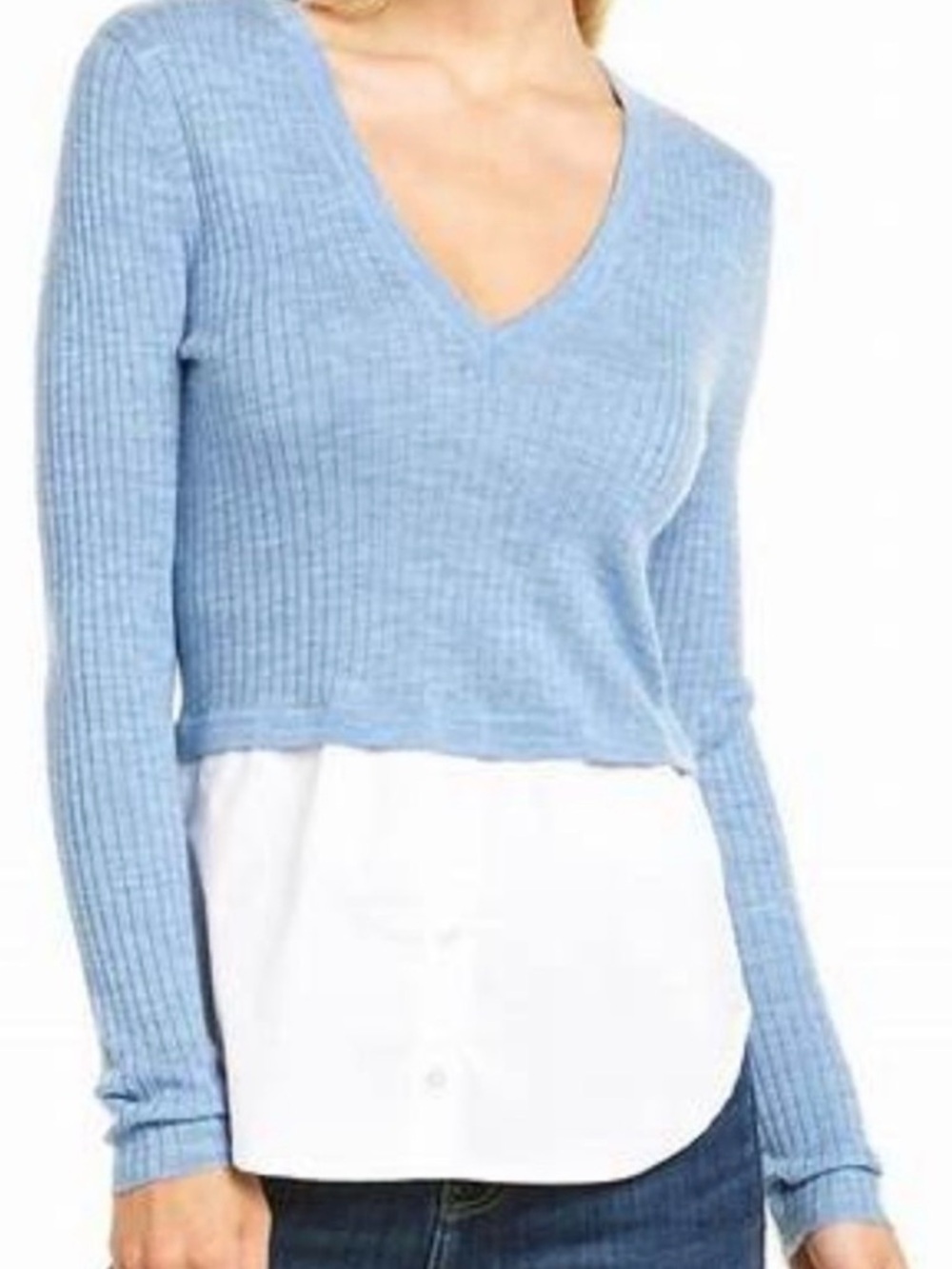NWT Veronica Beard Blue V-Neck Mixed Media Ribbed Layered Sweater